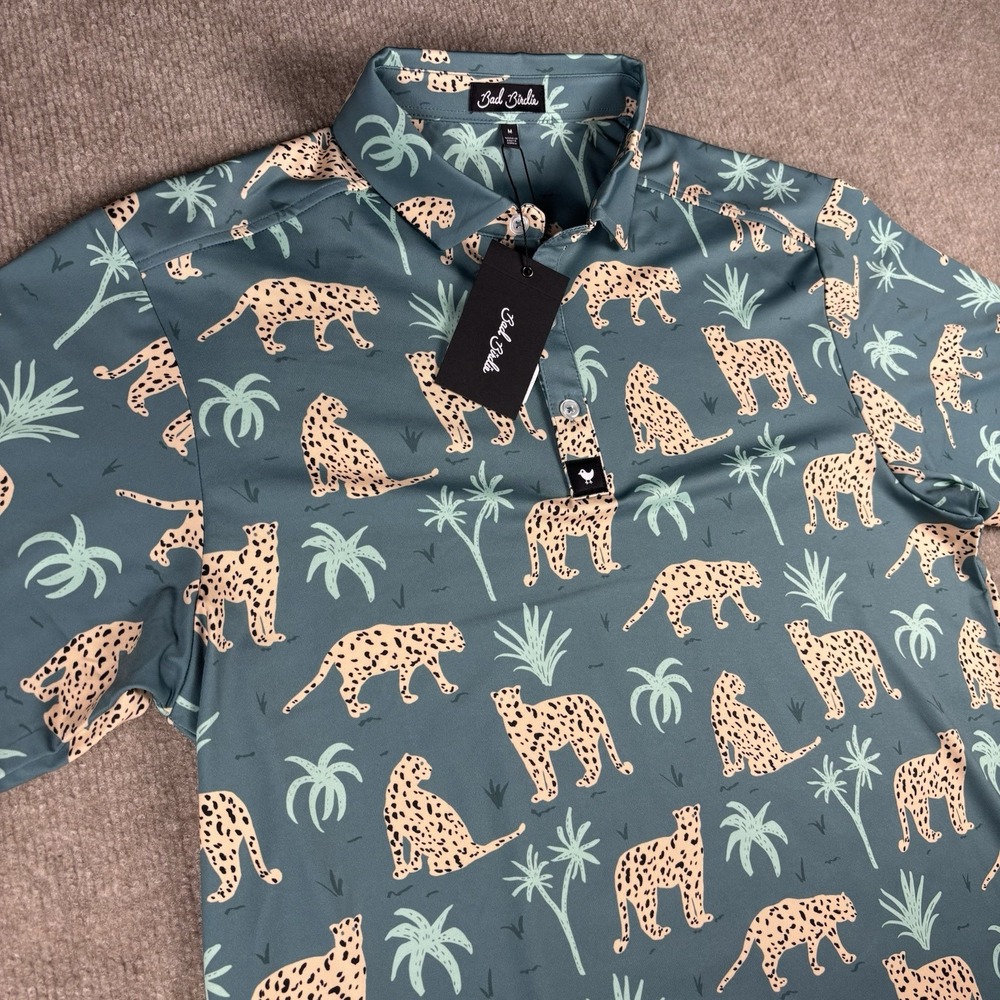 Bad Birdie Polo Shirt Mens Medium Leopard Cheetah Print Golf Stretch Green NWT - Picture 11 of 12